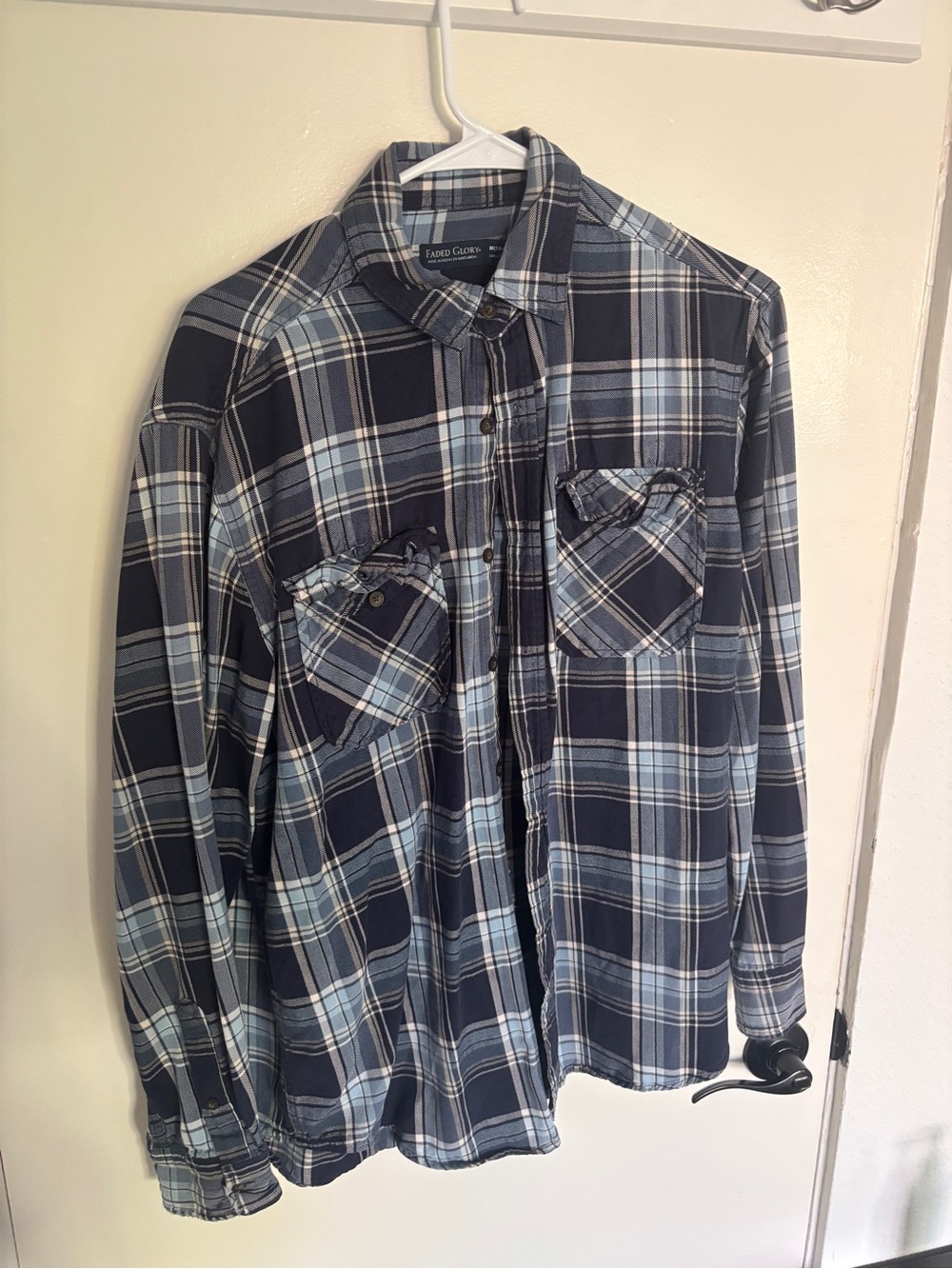 Faded Glory Navy and Light Blue Plaid Button-Down Shirt
